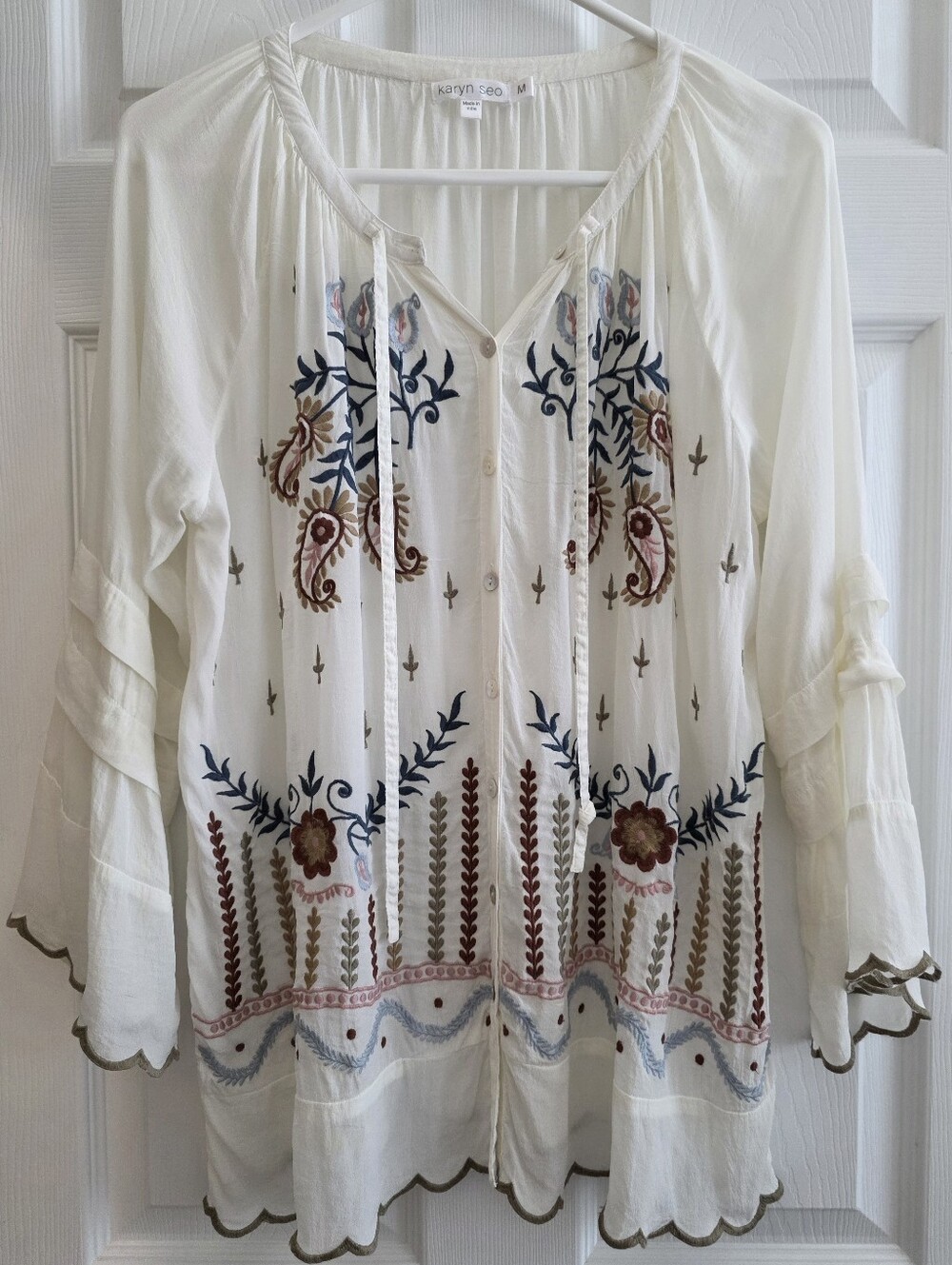 Karyn Seo Medium Embroidered, blouse, beige, long bell sleeves
